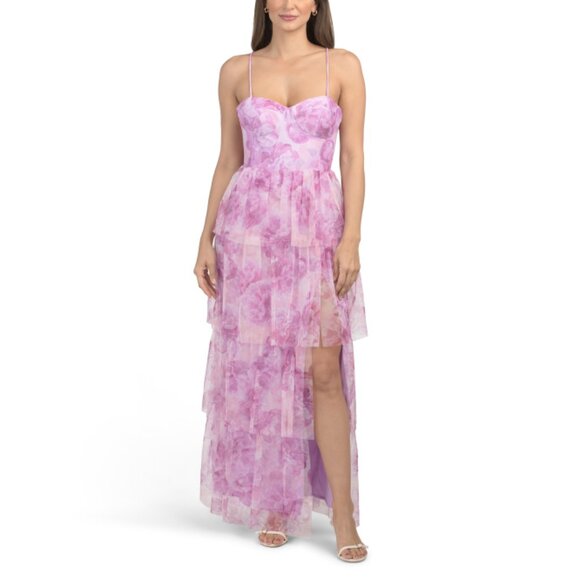 BLONDIE NITES Pink Multi Tiered Printed Mesh Gown - Picture 1 of 2